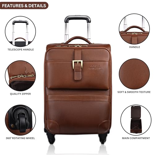 Image of Stylish and Durable Leather Trolley Luggage Bag Perfect for Travel and Business 46 litres Suitcase (TAN, Leather)