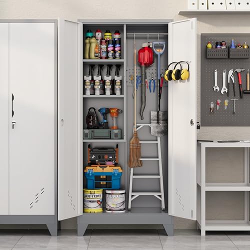 Image of Broom Closet Storage Cabinet, Metal Garage Storage Cabinet with 2 Doors & Pegboard, 61 inch Utility Cabinet with Hanging Rod, Tool Cabinet for Garage, Laundry Room, Home Office, White-Gray
