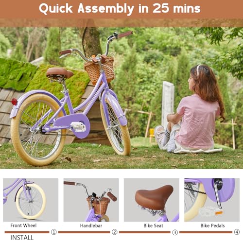 Image of Glerc Little Molly 12-20 Inch Kids Retro Cruiser Bike for 2-13 Year Old with Wicker Basket & Training Wheels /Kickstand, Multiple Colors