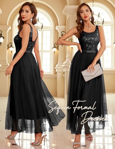 Image of BeryLove Sequin Dress for Woman Vintage A Line Wedding Formal Swing Mesh Dress Sleeveless Cocktail Maxi Gowns