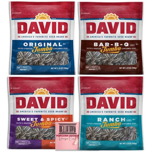 Jumbo Sunflower Seeds Bundle. Includes Four-5.25 Oz Bags of David Sunflower Seeds and a BELLATAVO Recipe Card. One Bag Each Flavor of Sunflower Seeds: Original, Sweet & Spicy, Bar-B-Q, and Ranch!