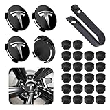 Powlamks 4 Pack Car Wheel Center Hub Cap Kit with 22 Lug Nut Covers, 2.2 in (56mm) Wheel Rim Covers Center Hubcaps with Emblem for Model 3 / Model Y, Black & Silver Exterior Decoration for Tesla