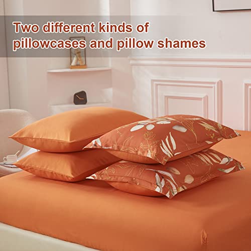 Botanical Comforter Set Queen, 7 Pieces Terracotta Floral Bed In A Bag Burnt Orange Comforter Golden Leaves Bedding Set Queen (1 Comforter,2 Pillowcase,2 Pillow Shams,1 Flat Sheet,1 Fitted Sheet) #TOP4