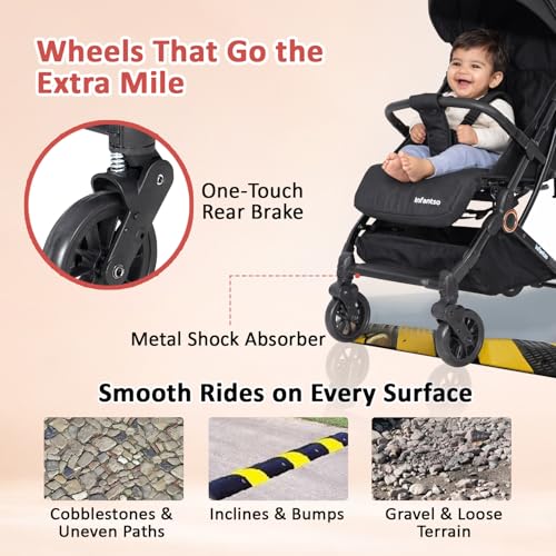 Image of Infantso RIDE-X Premium Baby Stroller / Pram Auto Fold with 5 Points Safety Harness, Multi Level seat Recline & Spacious Cushioned seat, One-Hand Fold and 360 Rotating Wheels, Travel Friendly, Extendable Canopy, Adjustable Footrest, Shock Absorption Wheels, Lightweight Stroller for 0 to 3 Years (Black)