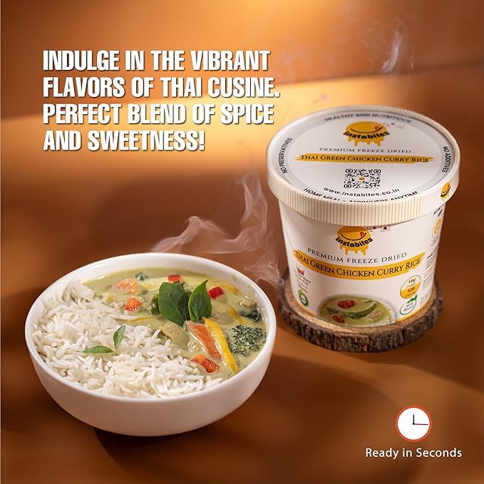 Image of Instabites Ready to Eat Thai Green Chicken Curry Rice Cup 65g, No Added Preservatives and Ready to Eat in Minutes - Pack of 3