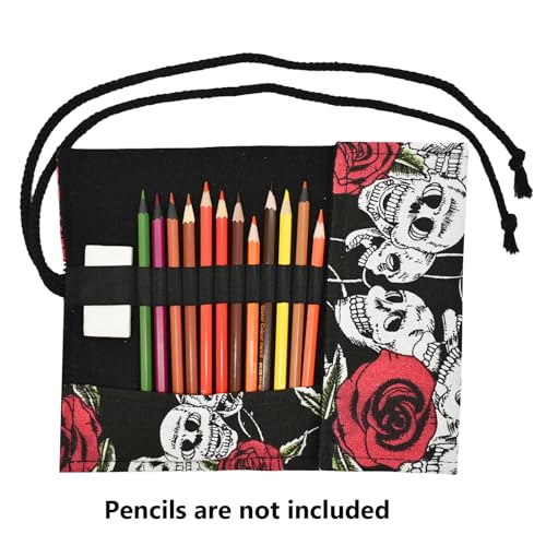 Image of Rose Pattern Colored Canvas Pencil Wrap Pencil Case Roll Up Holders Skull Pencil Organizers for Artist Adult Coloring Sketching Travel Storage With 72 Slots (Skull Rose)