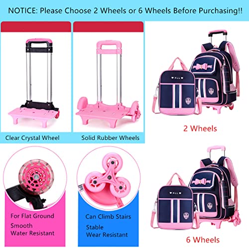 3Pcs Rolling Backpack For Girls Cute Bowknot Students Bookbags Primary Schoolbag Trolley Bags Wheeled Backpack Kids Carry-On Luggage With Lunch Bag&Pencil Case #TOP3