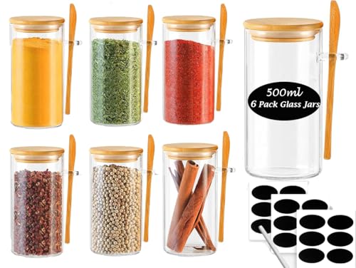 CLOUDFOUR 6 Glass Spice Storage Jar with Bamboo Lids Spoon & Labels 500ml Spice Container Bottle for Tea Coffee Cookie Food Storage Containers for Home Kitchen Cabinet Drawer & Pantry Organizers