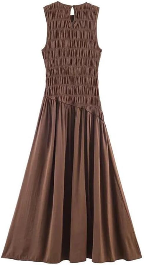 Women's French Simple Midi Long Dress Sleeveless Round Neck Fluffy Midi Dress