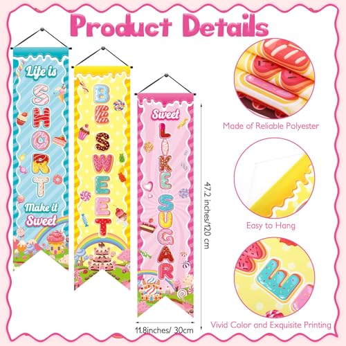 Image of Chiisong 3 Pcs Candyland Party Decorations Sweet Candy Banners Donut Lollipop Porch Sign Candy Land Hanging Flags Photo Props Backdrop Supplies for Outdoor Door Wall Yard Birthday Baby Shower