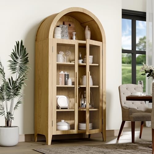 infurnic 63\" Arched Display Cabinet, 5-Tier Arched Bookcase with Glass Doors & Adjustable Shelves for Living Room, Dining Room & Kitchen - Thumbnail 4