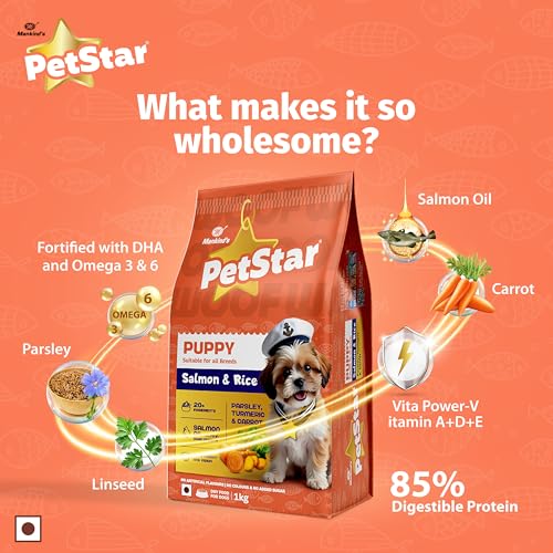 Image of Mankind Petstar Puppy Dry Dog Food (High Protein) Salmon & Rice Flavor, 1kg Pack | Improves Muscle & Strength, Supports Immunity, Protects Liver & Kidney