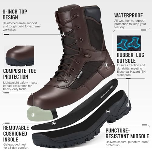 Image of NINGO Composite Toe Boots for Men, Waterproof Work Boots with Side Zipper, Non Slip and Puncture Proof Protection, Lightweight Design, 8'' Leather Safety Shoes for Construction, Industrial, Outdoor