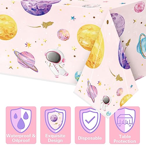 Image of Pink Watercolor Table Cover - 3 Pack 54 X 108 Inch Pink Watercolor Outer Space Disposable Plastic Rectangle Print Table Cloth Baby Shower Kids Birthday Party Tablecloths Decoration Supplies