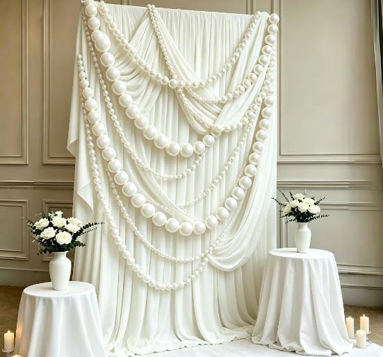 Whaline 4 Pcs Giant Faux Pearl Bead Garland Decoration, White, DIY Required | Jumbo Pearl Hanging Banner, Plastic, with String and Needle, for Wedding Bridal Shower Engagement Party Backdrop Decor