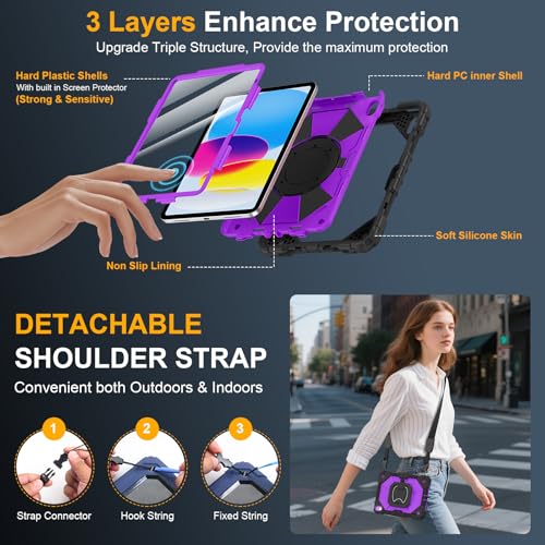 Image of Case for iPad (A16) 11th Generation 11 Inch 2025, Ubearkk for iPad 10th Generation 10.9 inch 2022 case with Screen Protector 360 Degree Rotating Stand Shoulder Strap Pencil Holder, Black Purple