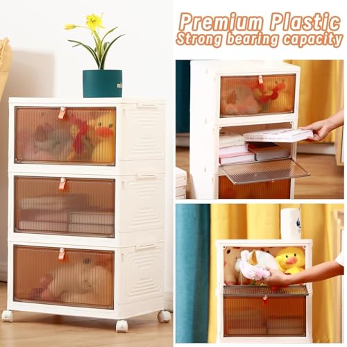 Image of 3-Door Plastic Wardrobe for Kids| Almirah and Wardrobe for Baby Clothes| Modular Storage Cabinet with Wheels|Kids Multi-Purpose Collapsible Wardrobe (White, 3-Layer)