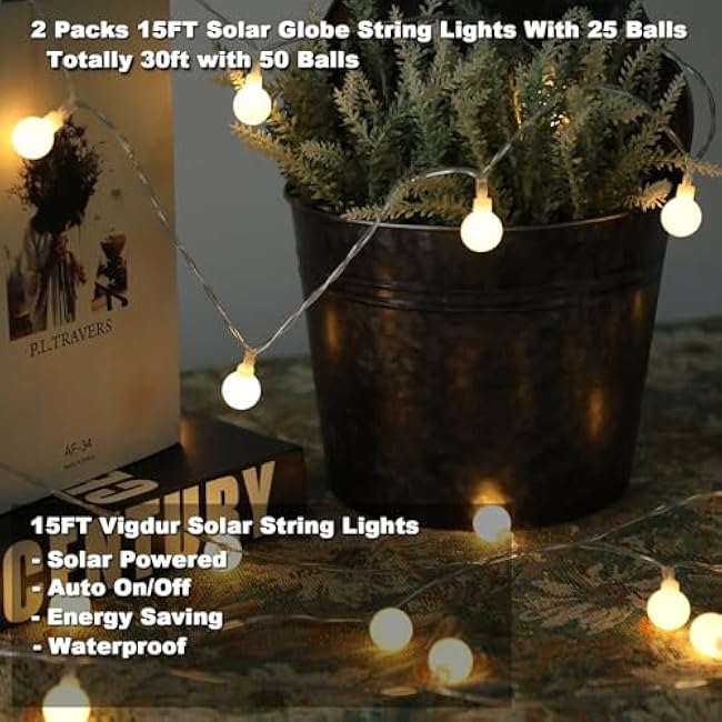 Solar String Lights Outdoor, 2 Packs 15ft Globe String Lights with 50 Globes Bulbs, IP65 Waterproof Solar Powered Patio Lights for Garden Yard Porch Wedding Party Decor