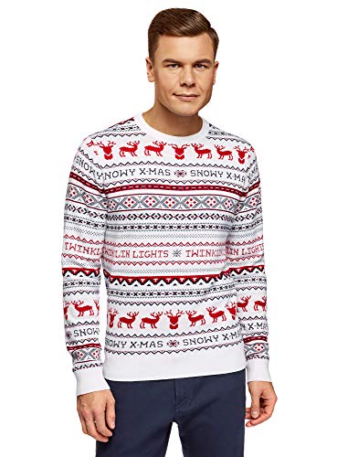 oodji Ultra Hombre Jersey Navideño de Punto con Decoración de Invierno, Blanco, ES 52-54 / L