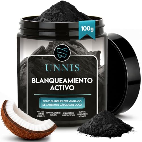 UNNIS Carbón Activado Polvo Dental Natural de Coco, 100 g | Blanqueador Dental Profesional para Dientes, Efecto Blanqueador Dental, Eliminación de Manchas
