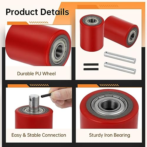 Image of 1 Pair Pallet Jack Load Wheels, Manual Pallet Jack Truck Wheels 3 inch x 3.75 inch with Bearings ID 20mm, Pallet Jack and Lift Truck Rear Wheel Replacement, Red(1 Pair)