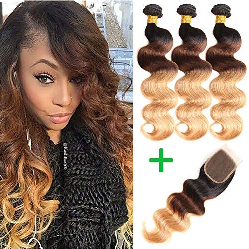 Ombre Brazilian Hair Body Wave 3 Tone Ombre Bundles Human Hair, 3 Ombre Hair Bundles With Closure Ombre Body Wave Ombre Bundles (T1B/4/27,18 20 22+16)