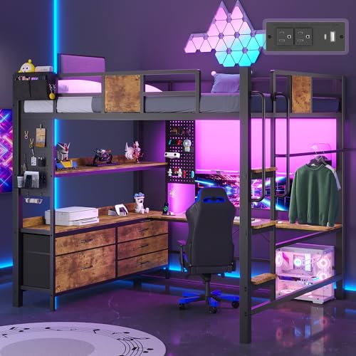 Dnxao Full Loft Bed with Desk and 5 Storage Drawers, 800lb Capacity Heavy Duty Metal Bed Frame for Adults & Teens, LED Lights, Charging Station, Pegboard & Shelves, Rustic Brown