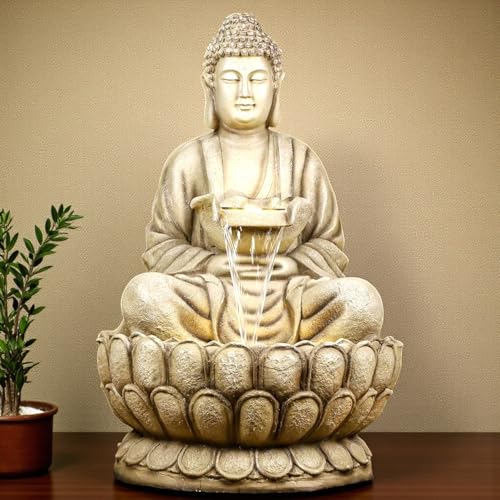 Image of 44 inch Kamal Buddha Water Fountain for Home & Garden|Fiber Buddha Fountain with LED Light|Indoor Outdoor Fountain for Vastu & Positivity (Beige, 44 inch Super Buddha Fountain)