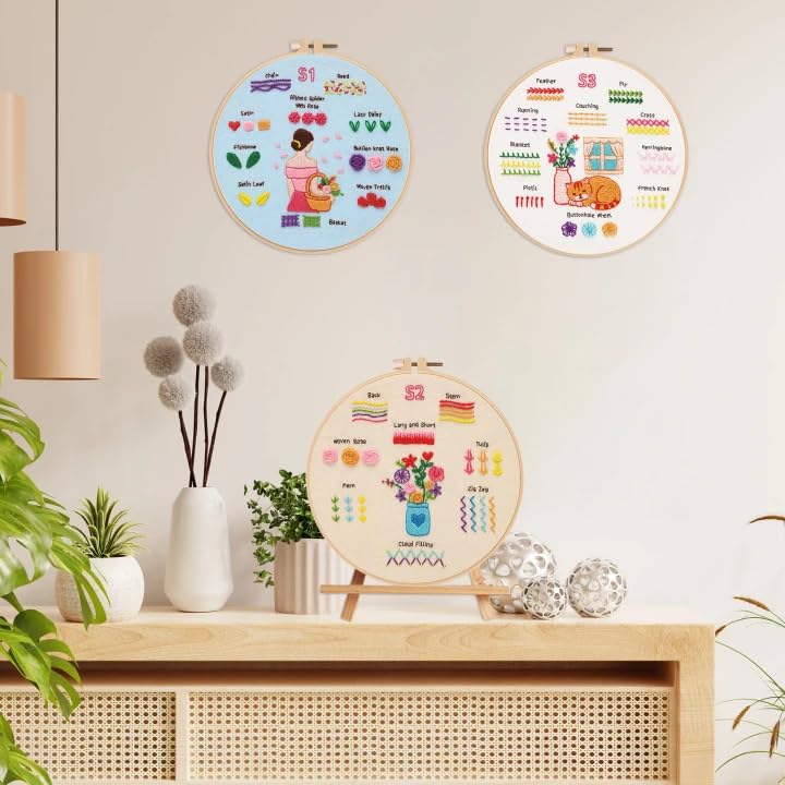 Image of Nuberlic Embroidery Kit for Beginners - 3 Pack 28 Stitches Cross Stitch Starter Set with Embroidery Hoops, Threads & Needles for Home Decor & Relaxation