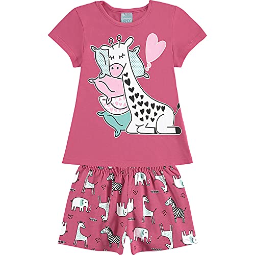 Pijamas Kyly Infantil Blusa Short Girafa Dormindo Rosa Confeti