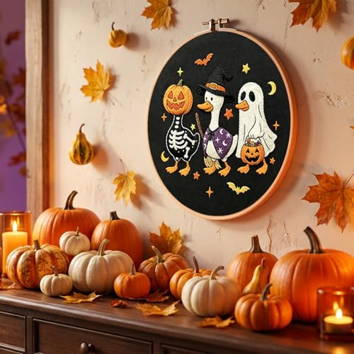 Image of Nuberlic Halloween Embroidery Kit for Beginners Adults DIY Needlepoint | Complete Halloween Embroidery Kit With Cute Ghost, Pumpkin And Duck Design For Handmade Decor, Relaxing Needlework And Gifts.
