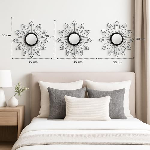 Image of Metal Sunflower Mirror Wall Decor with Crystal Decorative Mirror Wall Mounted | Mirror Wall Decor for Living Room | Beautiful Modern Designer | Hanging Mirror Sculpture Set of 3 (Crystal Black)