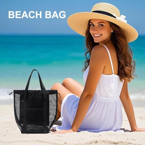 Mesh Beach Bag - Women Beach Grocery Mesh Tote,Spacious Lightweight Gym Travel Accessories for Clothes Towels Toys Shopping2
