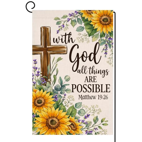 BLKWHT Summer Sunflower Garden Flag 12x18 Vertical Double Sided With God All Things Are Possible Floral Spring Farmhouse Holiday Outside Decorations Burlap Yard Flag BW889