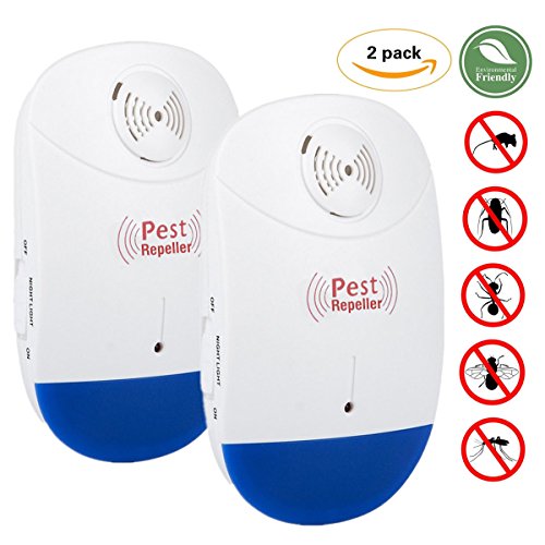 Everteco Répulsif Ultrason Anti-Rongeurs Insectes, Répulsif Électronique avec Une Lumière Nocturne, Anti Coquerelle Mouches Moustique Cafards Fourmis Araignées Puces (Ensemble de 2)