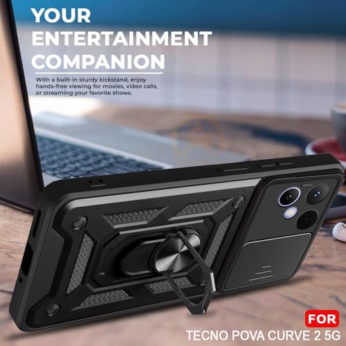 Image of Armor Bumper Back Cover Case for Tecno Pova Curve 2 | Rotating Camera Cover, Ring Holder & Kickstand | Heavy Duty & 360 Degree Protection Tecno Pova Curve 2 Back Cover (Black)