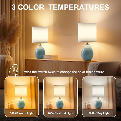 Image of Dawnwake 18.5 inch Table Lamp Set of 2 for Living Room Bedroom, Bedside Lamps for Night Stands, Desk Nightstand Lamp Dimmable, Modern Linen Cream Ceramic Lamps (Blue)