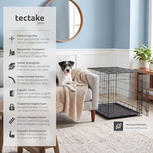 tectake® Hundekäfig, Hundegitter Box, Dog Kennel, Hundebox faltbar, Transportbox stabil, für Hunde und Welpen, für Kofferraum, Auto, Camping und Zuhause, Wohnung - 121,5 x 75,5 x 80,5 cm