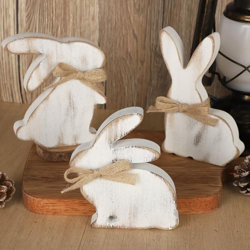 3Pcs Easter Decorations, Farmhouse Wooden Bunny Table Decor Rustic Rabbit Centerpieces Sign for Home Tiered Tray Mantel Office Party Supplies (White)