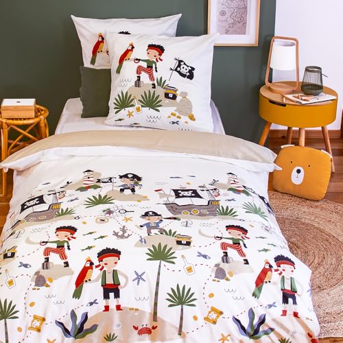 CÔTE DECO Parure de Lit Imprimée Bi-Histoire 140x200 cm Enfant - Housse de Couette 140x200 cm + 1 Taie d'oreiller 63x63 cm Motif Indien et Pirate Beige et Blanc - Sets...