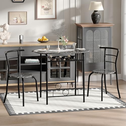 Image of VECELO 3-Piece Dining Table Set for Kitchen Breakfast Nook, Wood Grain Oval Tabletop and Metal Frame with Built-in Wine Rack, for Small Spaces, Faux Marble Black