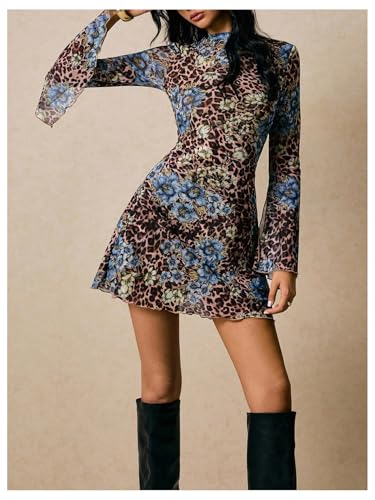 Image of BEAUDRM Women's Y2k Leopard Print Sheer Mesh Mini Dress Bell Long Sleeve Short Dresses