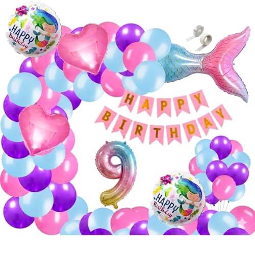 Image of 60 pcs 9th Birthday Decoration for Girls Tail Foil Balloon Garland Rainbow Number Foil Theme Birthday Decorations Aqua Theme Birthday Decorations (Pack of 60, Multi)