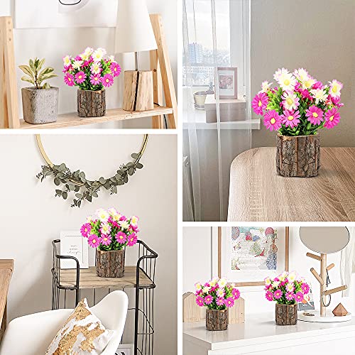 Acelist Artificial Flowers Fake Daisy For Decoration, Small Potted Plants In Log Planters, Pink Daisies Table Centerpieces For Mothers Day Home Bedroom Farmhouse Rustic Decor Set Of 2, Pink #TOP6