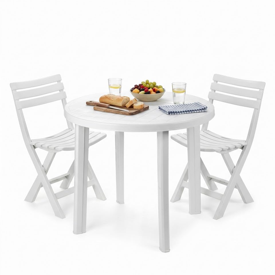 URBNLIVING Round Garden Bistro Table & Chairs Set, Plastic Resin Outdoor Patio Furniture, Weather Resistant Dining Set for Balcony, Backyard, Deck, Terrace, Lawn, Cafe, Easy Assembly