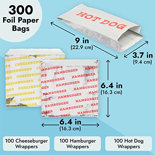300-Pcs Disposable Foil And Paper Hot Dog Holders And Hamburger Wrappers Combination Pack, Grease-Resistant Food Bags To Keep Food Hot For Party, Event (3 Designs) #TOP3