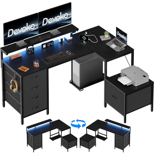Devoko Escritorio esquinero ergonómico abatible con Armario, 2 Tomas de Corriente, 2 Puertos USB, Luces LED y Ganchos, Ideal para Oficina en casa y Juegos (Negro, 160 x 120 cm)