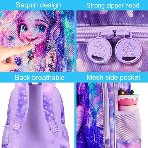 Image of CCJPX 3Pcs Mermaid Backpack for Girls, 16 inch Kids Sequin Bookbag with Lunch Box, Cute Water Resistant Schoolbag for Preschool Kindergarten Toddler(Purple)