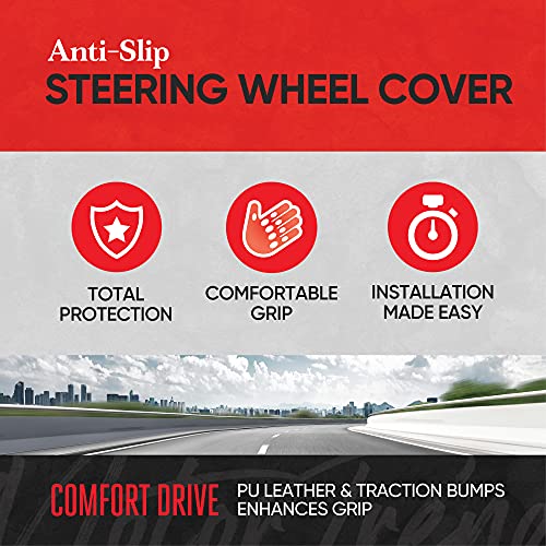 Image of Motor Trend UltraSport White Carbon Fiber Steering Wheel Cover, Standard 15 inch Size, Black Faux Leather Comfort Grip, Car Steering Wheel Cover for Auto Truck Van SUV