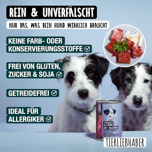 TIERLIEBHABER – Hundefutter Nass 400g 12x Ziege mit Pastinake – Von Tierärzten entwickelt – Nassfutter Hund mit 91% Fleischanteil – Dog Food als Hundenassfutter 400g Dosen